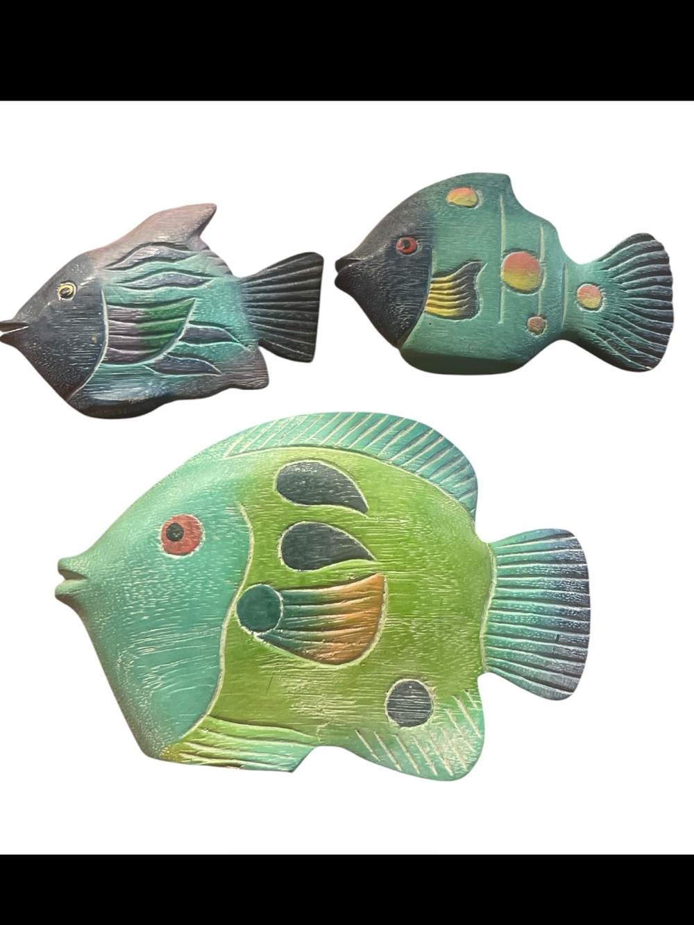 Decorative Green Wooden Fish Wall Accents - Set of 3